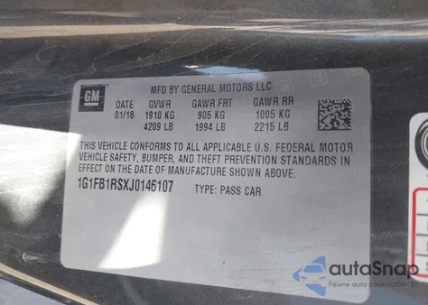 2018 Chevrolet Camaro 1Lt z USA, uszkodzony, nr VIN 1G1FB1RSXJ0146107